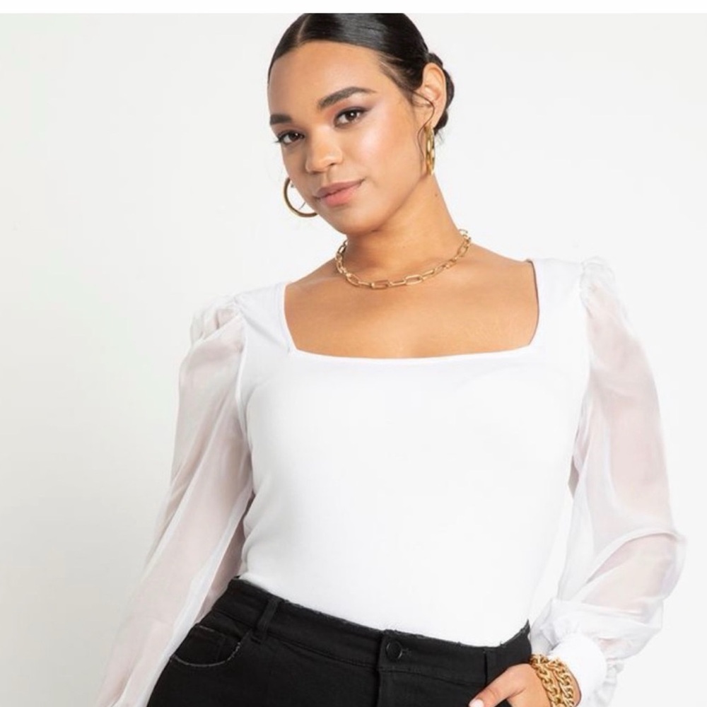 ELOQUII White Blouse with Sheer Sleeves Size 22 Square Neckline